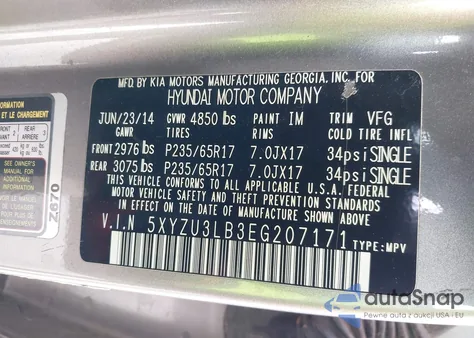 2014 Hyundai Santa Fe Sport 2.4L z USA, uszkodzony, nr VIN 5XYZU3LB3EG207171